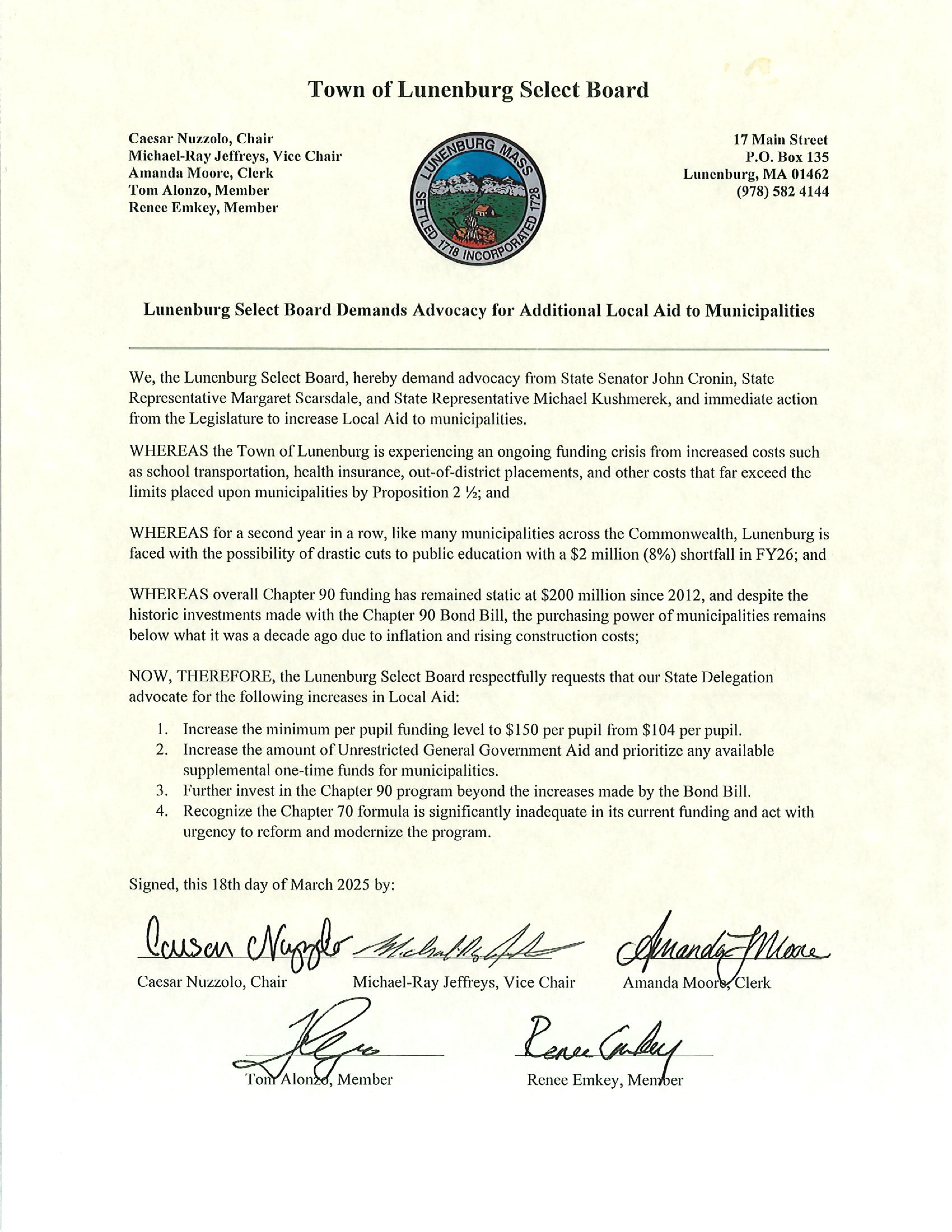 Lunenburg Select Board Letter to the Legislative Delegation Regarding Local Aid and the FY26 Budget