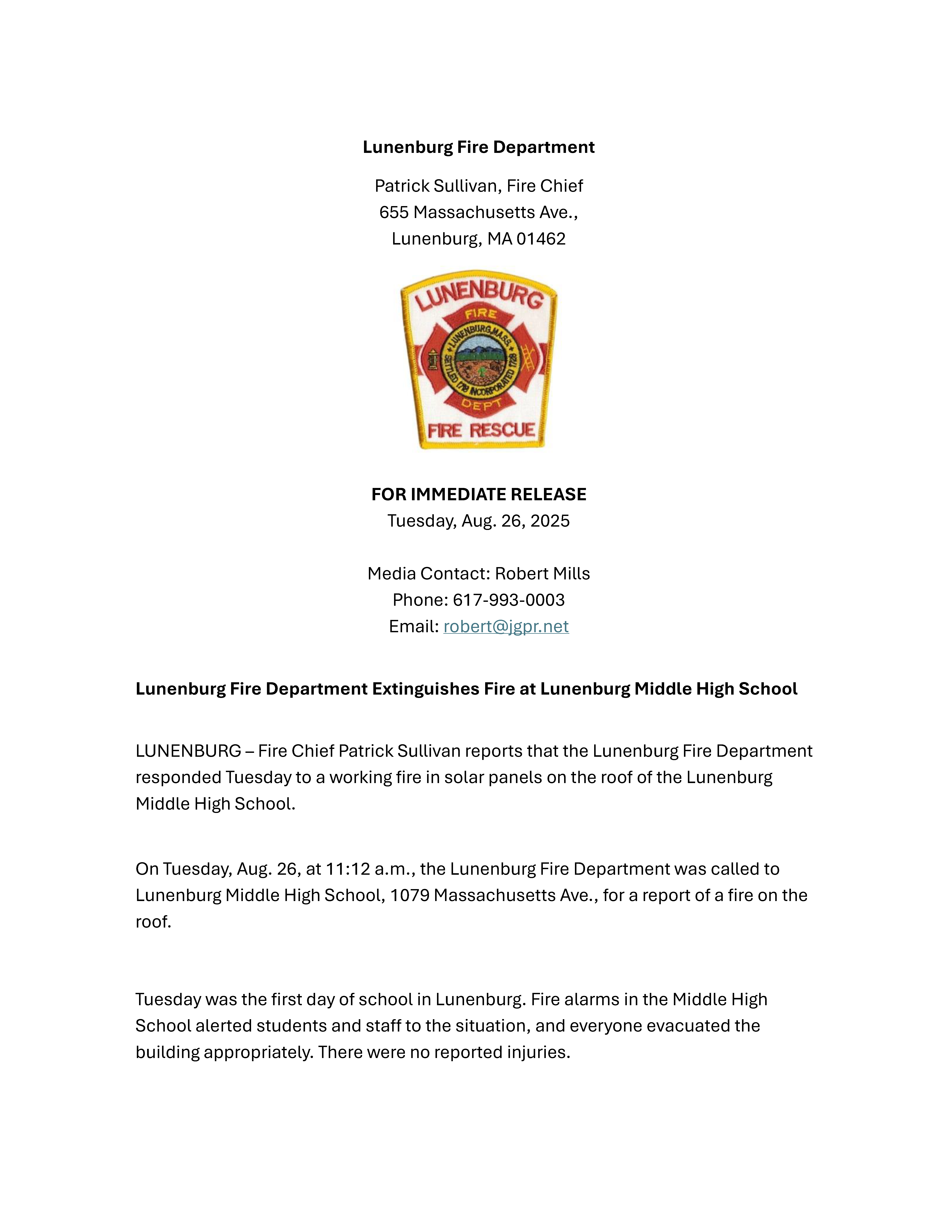 8.26.25 Middle High School Fire Response